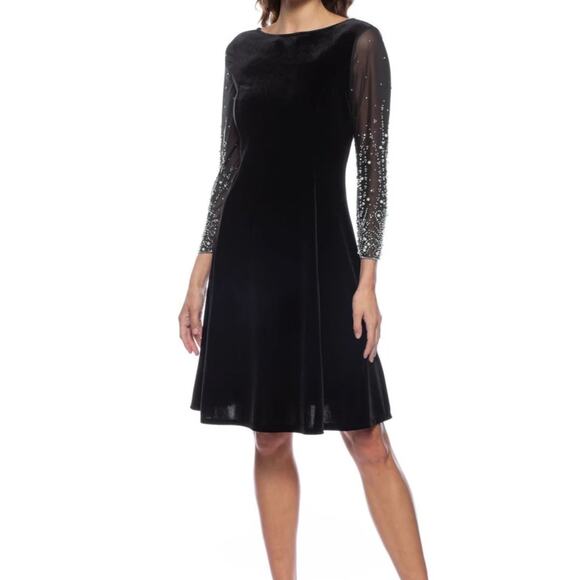 Marina Black Velvet A-Line Dress Sz M Mesh Pearl Beaded Sleeves Elegant Formal - Picture 2 of 10